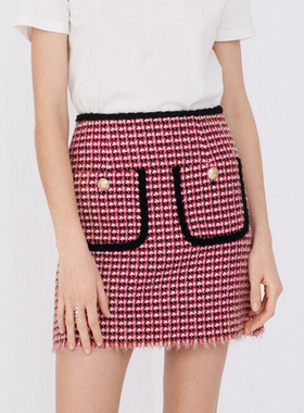 法国M家舞纤春夏新款女小香风法式编织粗花呢A字半身裙MFPJU00580