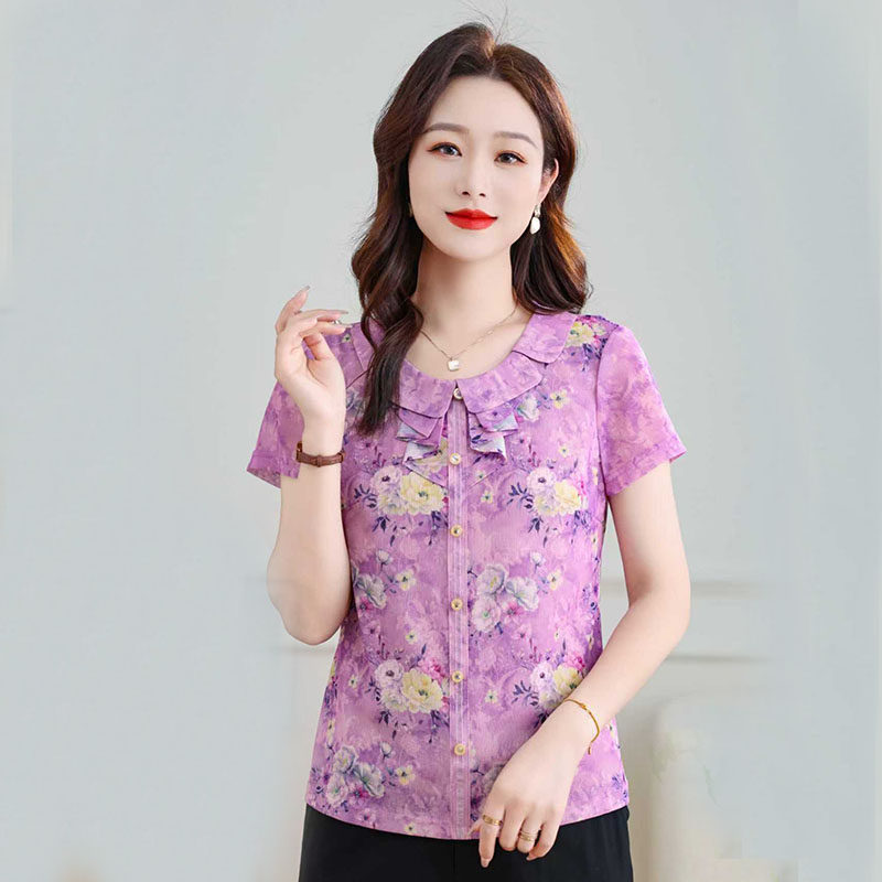 竹语声T恤中老年女装遮肚子新款短袖衬衫大码2026夏装妈妈装薄款