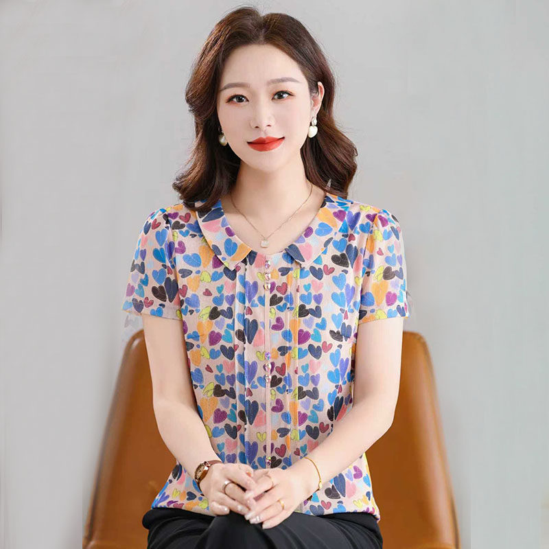 夏季薄款短袖妈妈装中老年网纱花色套头T恤衫弹力婆婆汗衫凯斯曼