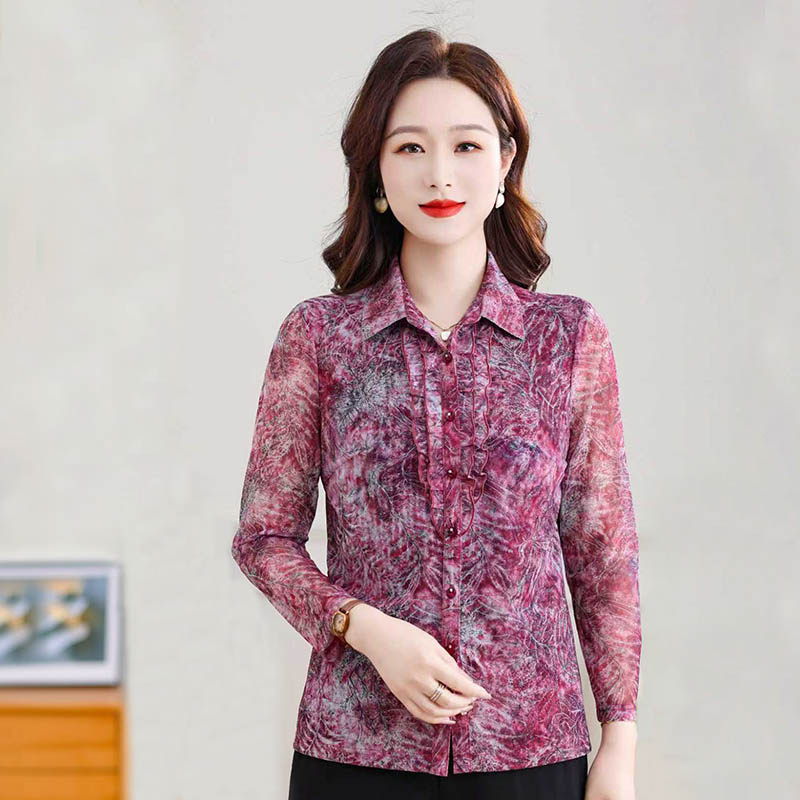 母亲节2026年春夏新款雪琳儿中老年网纱衬衫大码长袖妈妈翻领开衫