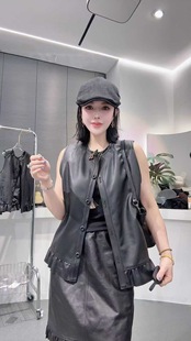 新款 欧洲站网红2025秋季 真皮皮衣女绵羊皮百搭外套夹克马甲木耳边