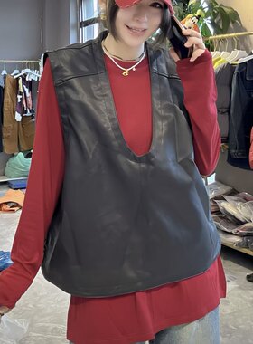 欧货爆款大V领羊皮马夹女绿色绵羊皮宽松无袖背心时尚真皮外套