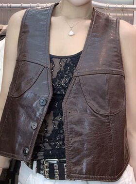 网红同款真皮百搭显瘦V领单排扣马甲短款无袖宽松绵羊皮女款坎肩
