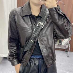 明星袁泉同款2025秋季新款真皮皮衣女绵羊皮经典短款翻领皮衣外套