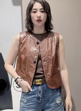 2026秋季欧货气质休闲西装背心女收腰显瘦无袖外套绵羊皮短款马夹