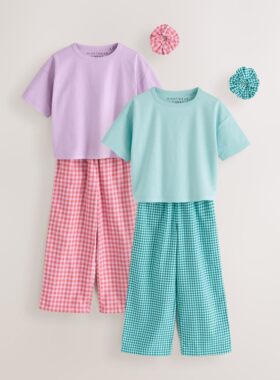代购 NEXT儿童纯棉睡衣 春夏女童粉绿阔腿长裤家居服2套装 3-16岁