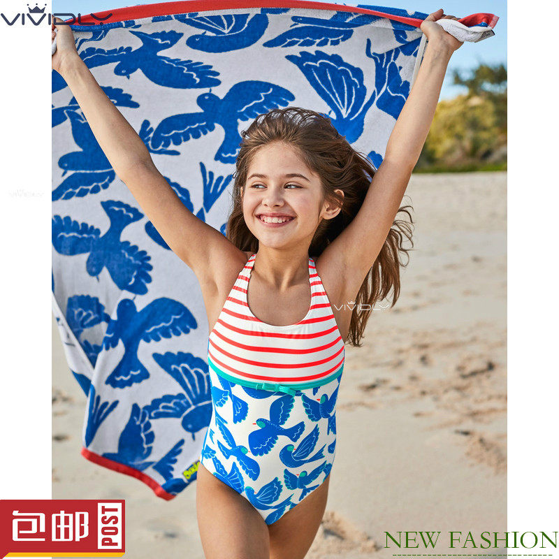 现货包邮MiniBoden女童连体泳衣 春夏儿童泳装条纹蓝色海鸟 4-6岁