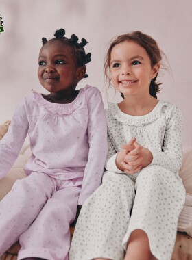 代购NEXT女童纯棉家居服 25秋季白紫色碎花儿童睡衣2套装 9月-8岁