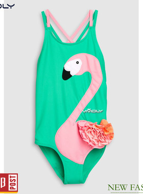现货 NEXT女童连体泳衣 春夏大童绿色火烈鸟儿童温泉泳装 3-13岁