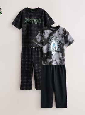 代购NEXT男童纯棉家居服 26春夏季黑/灰骷髅儿童睡衣2套装 3-16岁