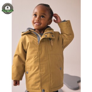 代购 NEXT儿童派克大衣 26春季男童赭色仿羊羔绒衬厚外套 3月-7岁