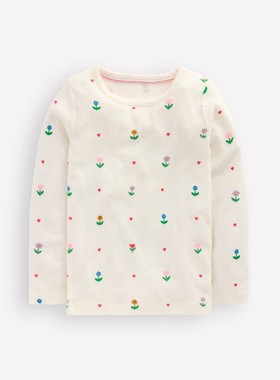 代购 MiniBoden儿童长袖T恤 26春季女童象牙向日葵圆领罗纹打底衫