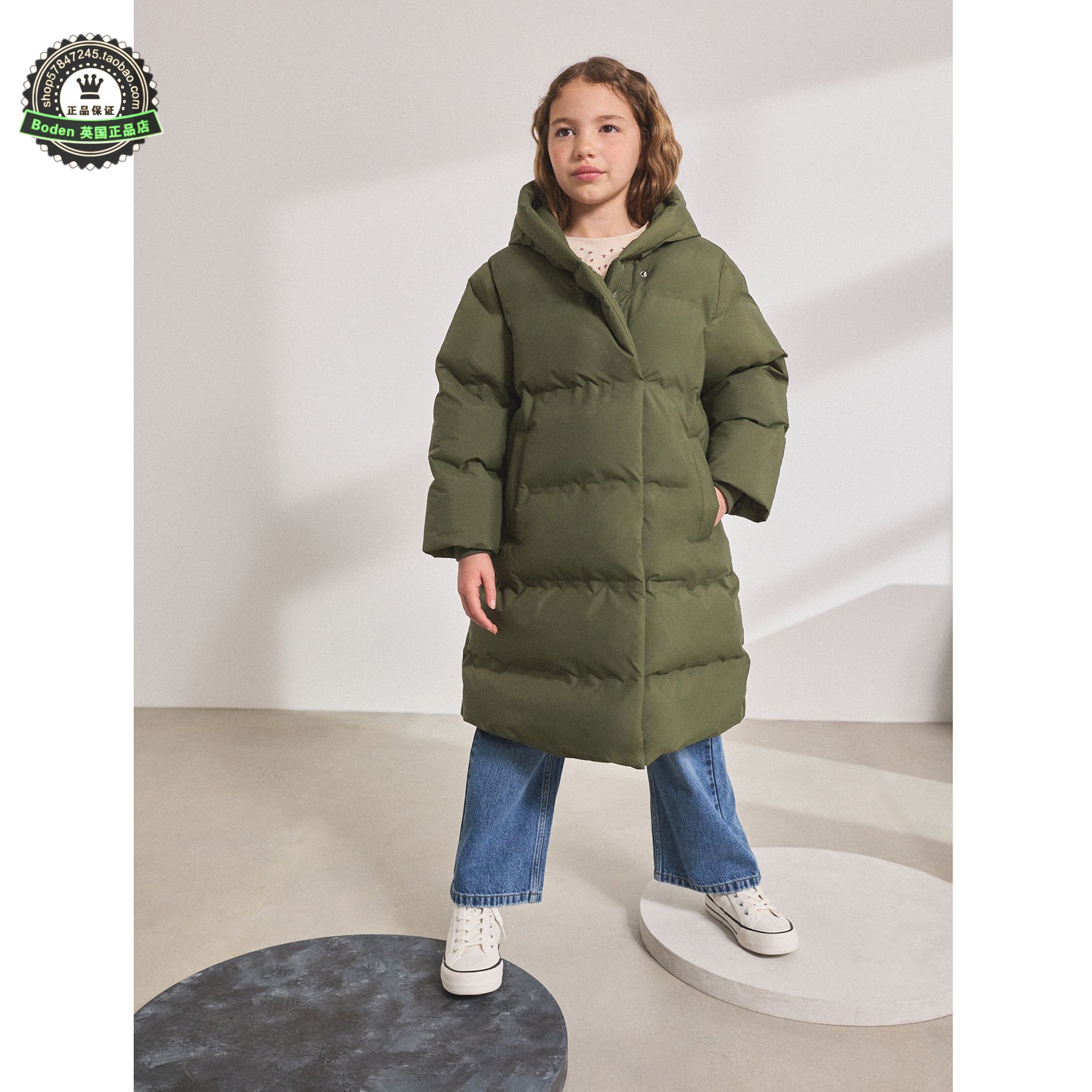 代购NEXT儿童棉服 25冬季女童卡其绿抓绒内衬连帽夹棉大衣 3-16岁