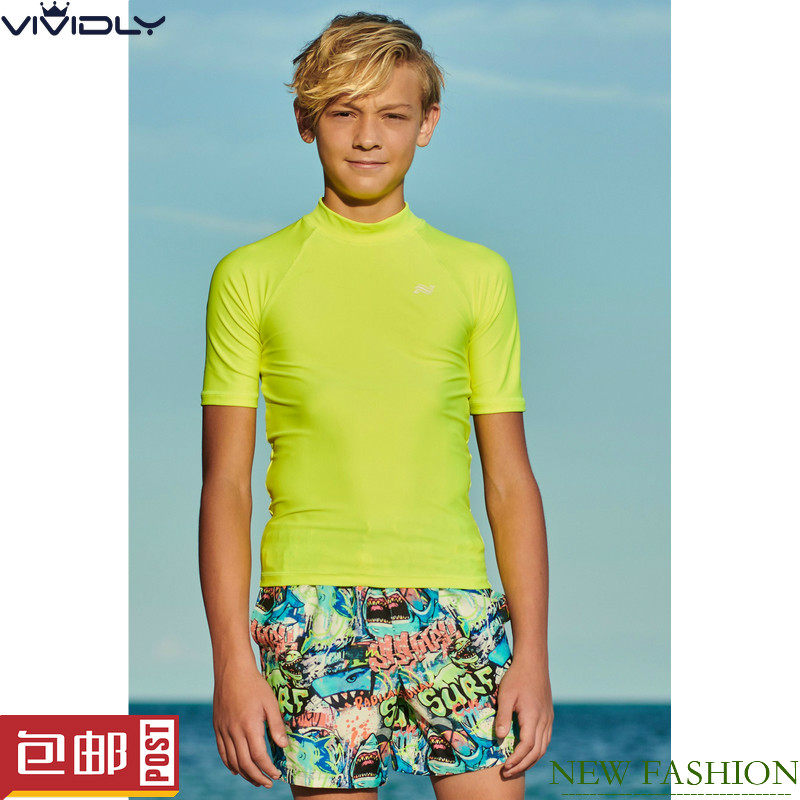 现货 NEXT儿童速干防晒泳衣夏季荧光黄男童游泳短袖T恤 1.5-16岁