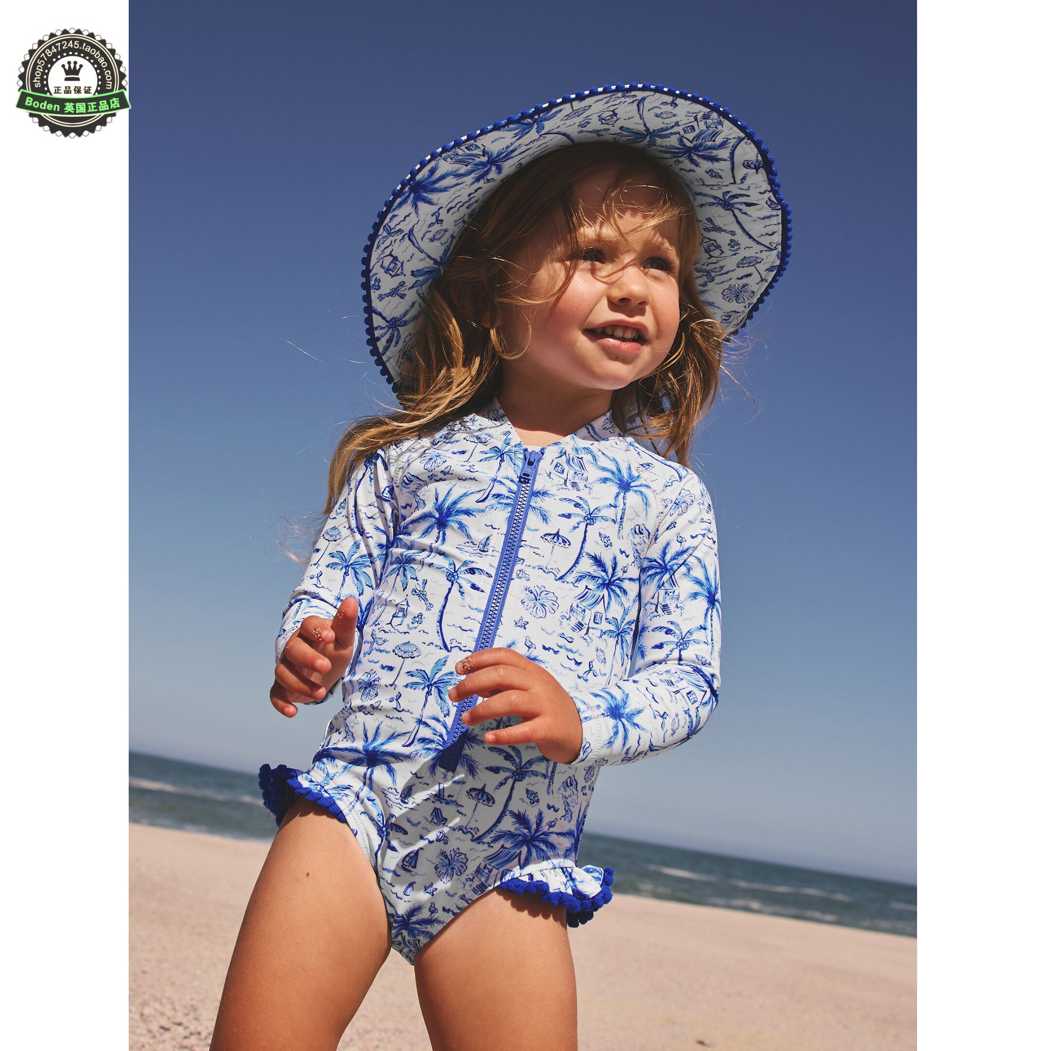 代购 NEXT儿童连体泳衣 26夏季女童蓝色棕榈长袖防晒泳装 3月-7岁