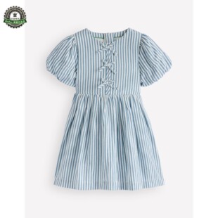代购 MiniBoden女童连衣裙 26夏蓝色条纹蝴蝶结短袖儿童裙 2-14岁
