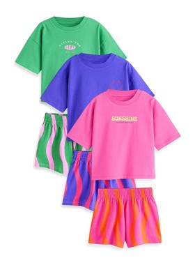 代购 NEXT女童纯棉家居服 26夏粉绿色波纹儿童短袖睡衣3套 3-16岁