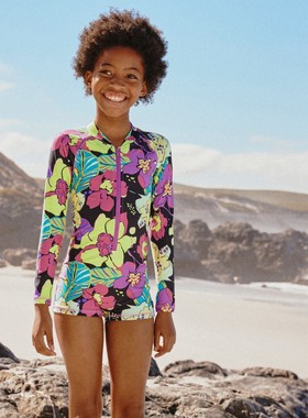 代购 NEXT儿童连体泳衣 26夏季女童黑色热带沙滩长袖防晒平角泳装