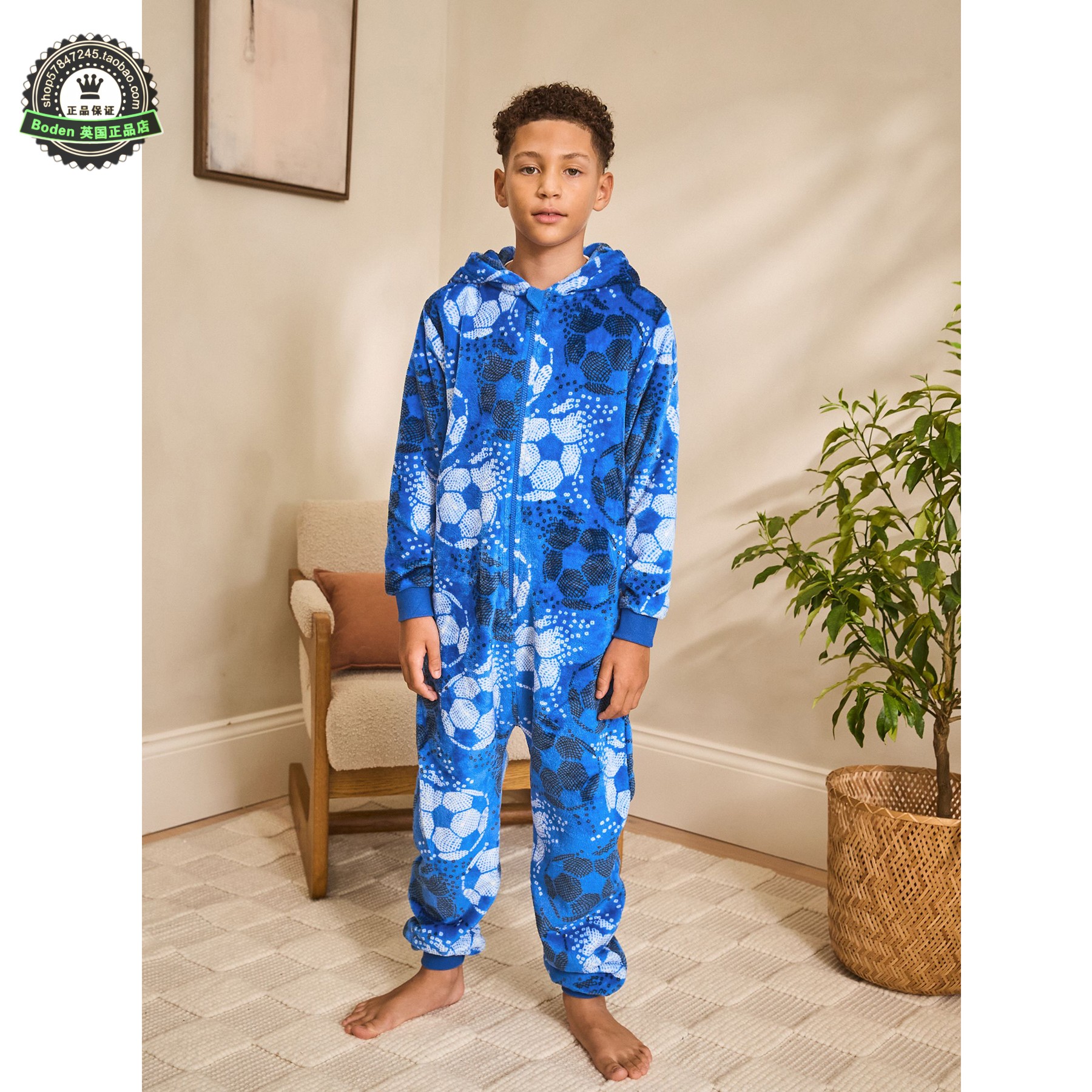 代购NEXT男童抓绒连体家居服 25秋季蓝色足球儿童连身睡衣 3-16岁