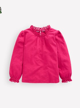 代购 MiniBoden儿童长袖衬衫 25秋季女童红色褶边纯棉上衣 2-14岁