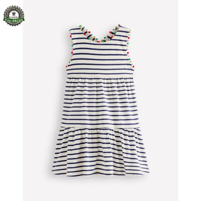 代购 MiniBoden女童连衣裙 26夏季条纹绒球背部交叉儿童裙 2-12岁