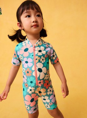 现货 NEXT儿童连体泳衣 25夏季女童绿色花卉短袖防晒泳装 3月-7岁