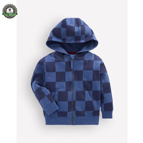 代购 MiniBoden儿童卫衣 26秋季男童蓝色棋盘格连帽运动衫 2-14岁
