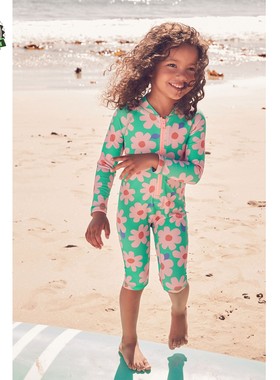 现货 NEXT儿童连体泳衣 春夏季女童绿色粉花长袖防晒泳装 3月-7岁