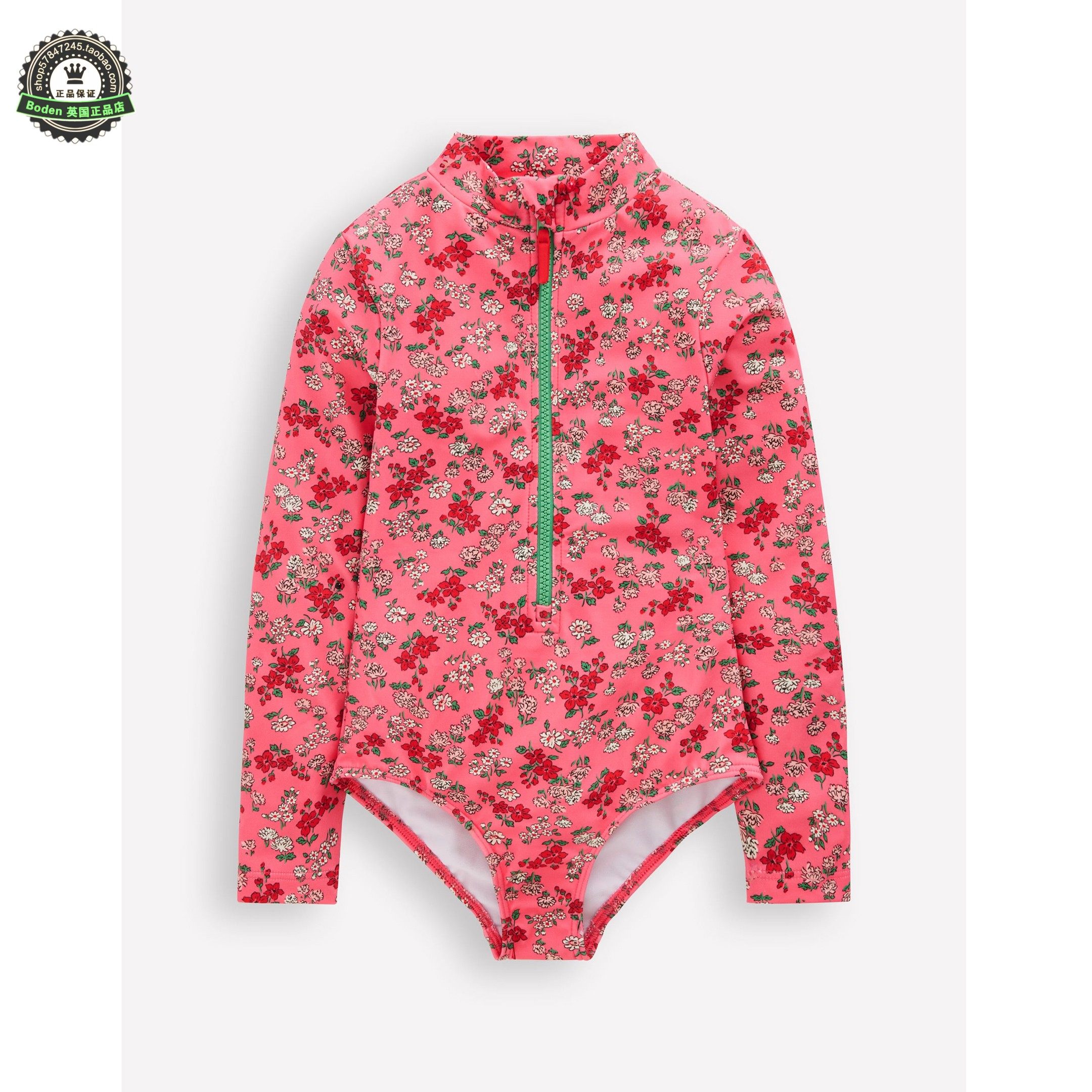 代购MiniBoden儿童连体泳衣 26夏季女童粉红花卉沙滩长袖防晒泳装
