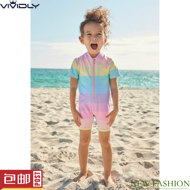 现货 NEXT女童连体防晒泳衣 春夏季小宝宝多彩条纹儿童泳装 6/7岁