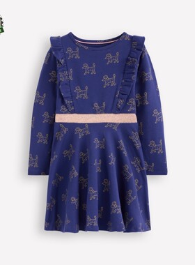 代购 MiniBoden儿童连衣裙 25秋季女童蓝色旋转纯棉长袖裙 2-12岁