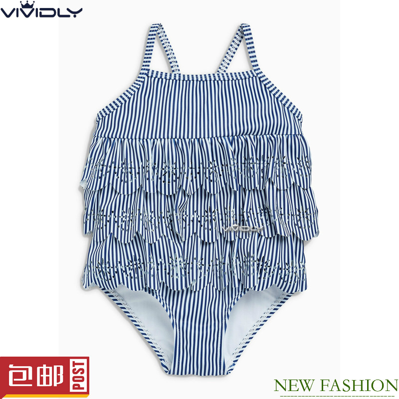 现货 NEXT女童连体泳衣 夏季春新款小童宝宝蓝色条纹松塔温泉泳衣
