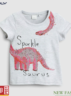 现货NEXT女童纯棉T恤 夏季小童灰色Sparkle-Saurus短袖衫 3-4岁