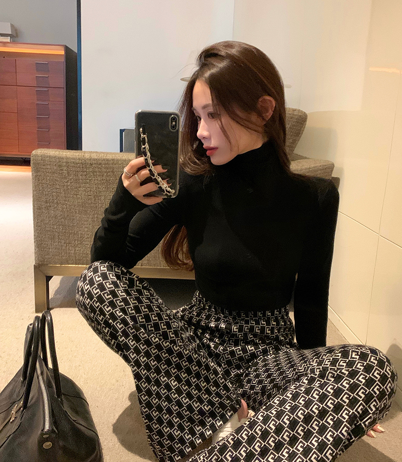 Real shot simple pure color versatile high collar short slim open navel shoulder pad knitted bottoming shirt