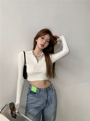 Real shot design sexy long sleeve half open collar tight navel Polo bottomed jacket