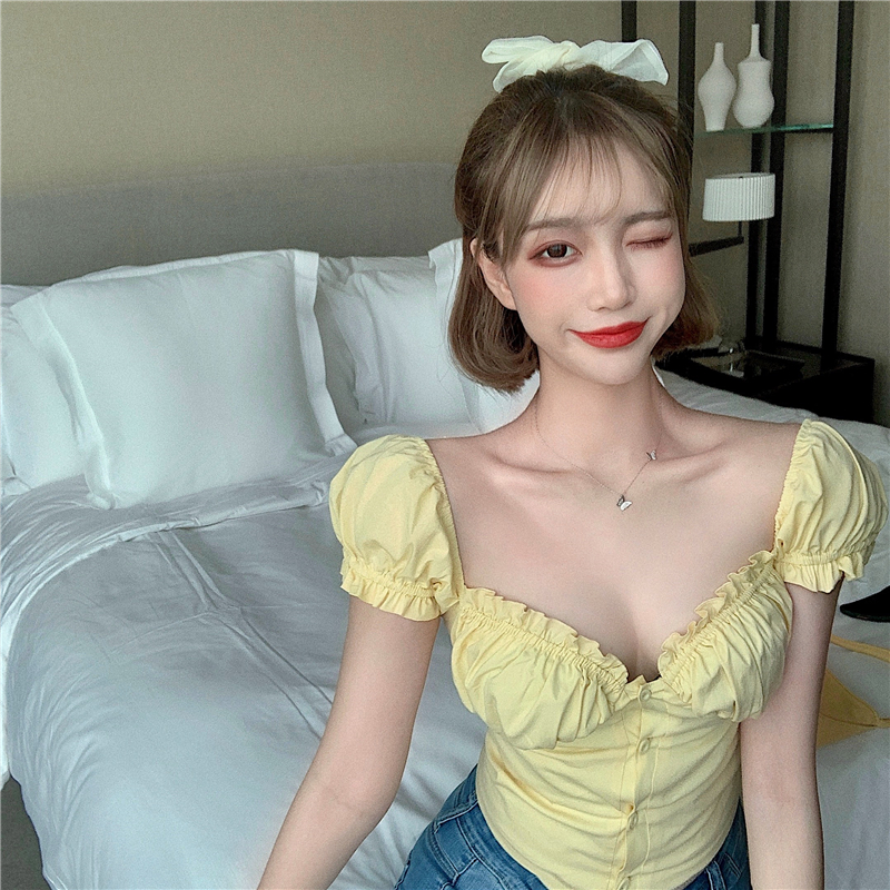 Real time French cute yellow short sleeve top design sense Female Minority T-shirt