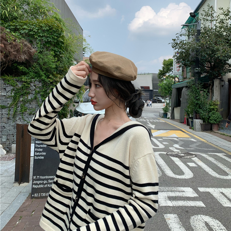 Real shot Navy collar striped knitted cardigan age reducing loose long sleeve top V-Neck Sweater thin coat