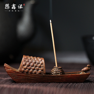 手工纯铜乌篷船渔船香插复古紫铜包浆渔舟唱晚茶宠摆件茶道文玩