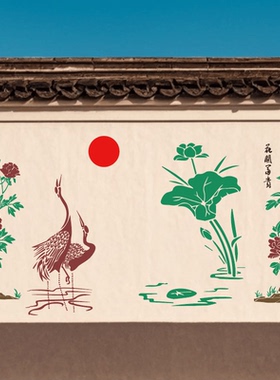 荷花鹤喷漆影背墙高档壁画模板