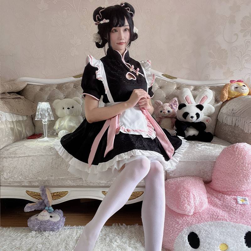 中华风女仆装cosplay原创新中式旗袍镂空连衣裙可爱女佣制服套装