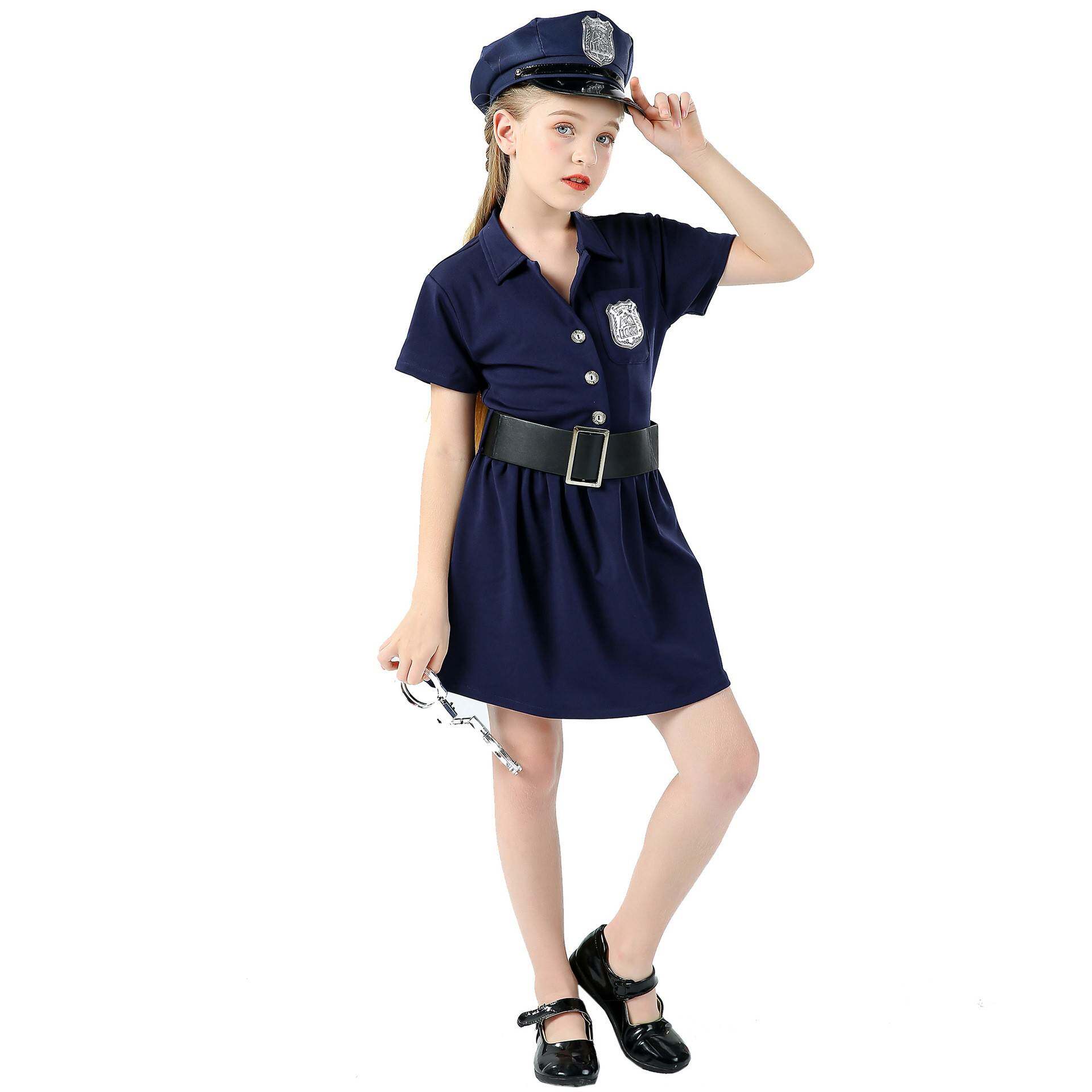 跨境 欧美万圣节服装儿童角色扮演女孩警察cosplay制服修身连衣裙