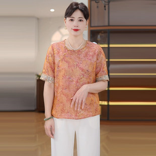 2026新款今年流行的中老年女装端庄大气薄款雪纺T恤小衫妈妈夏装