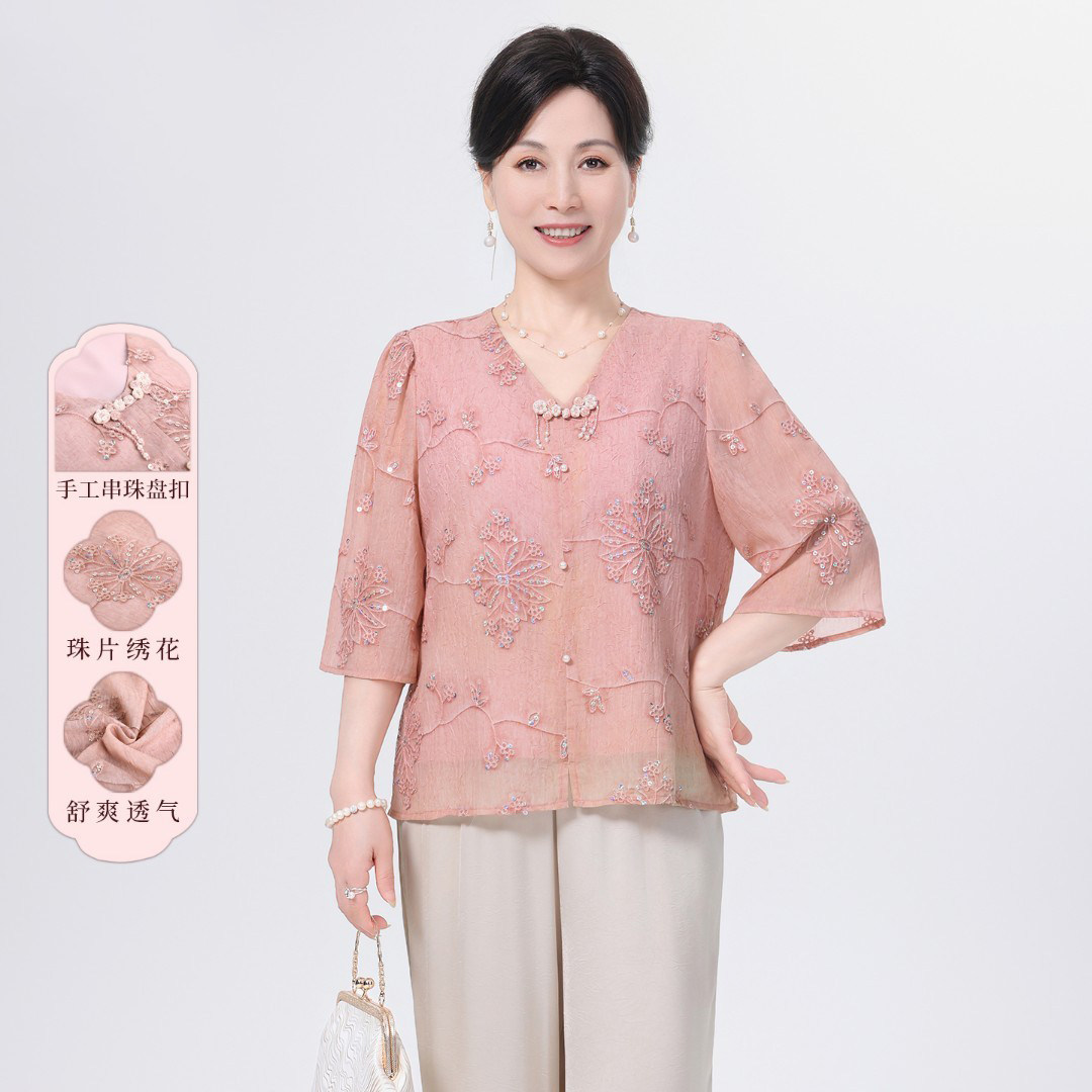 中老年妈妈春夏装亮片刺绣衬衫