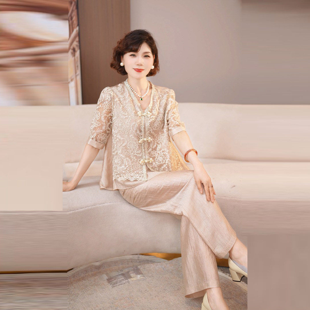 母亲节妈妈装时尚套装夏季2026新款中老年女装洋气减龄上衣两件套