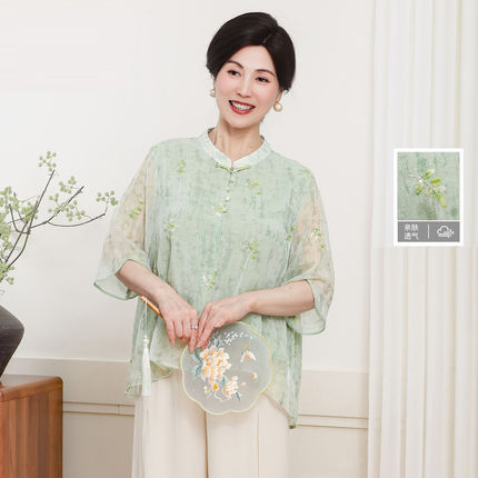中老年妈妈夏季新款短袖T恤2026新中式国风洋气百搭小衫上衣套装