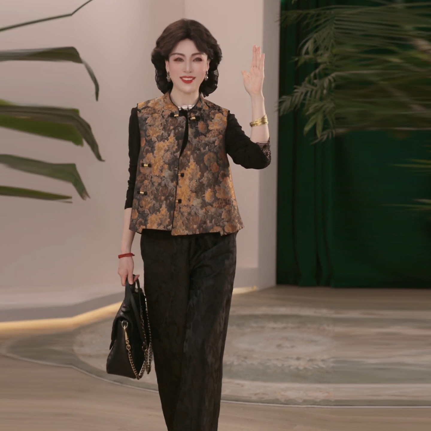 中老年国风花卉印花三件套妈妈装