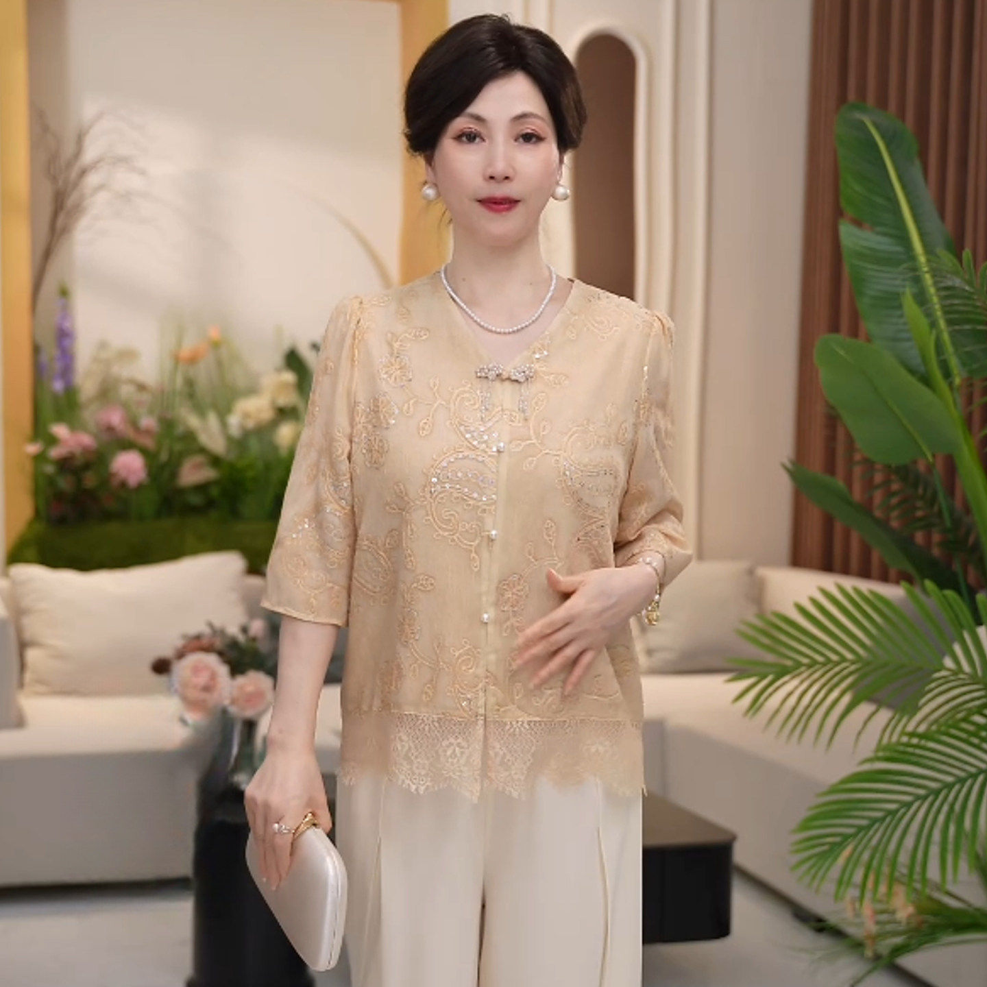 新中式妈妈夏装雪纺衫国风衬衫