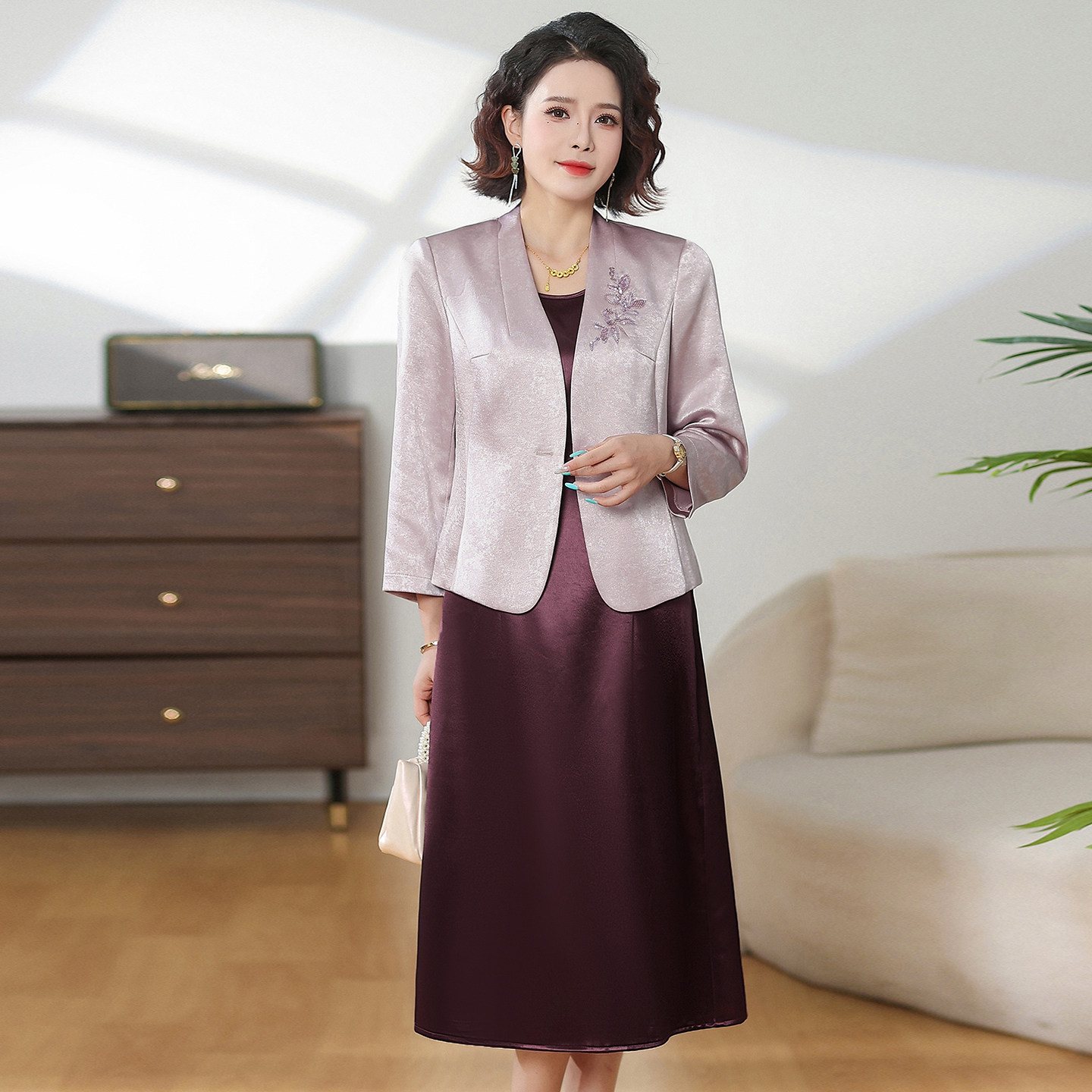 中老年女装春秋裙子洋气礼服裙