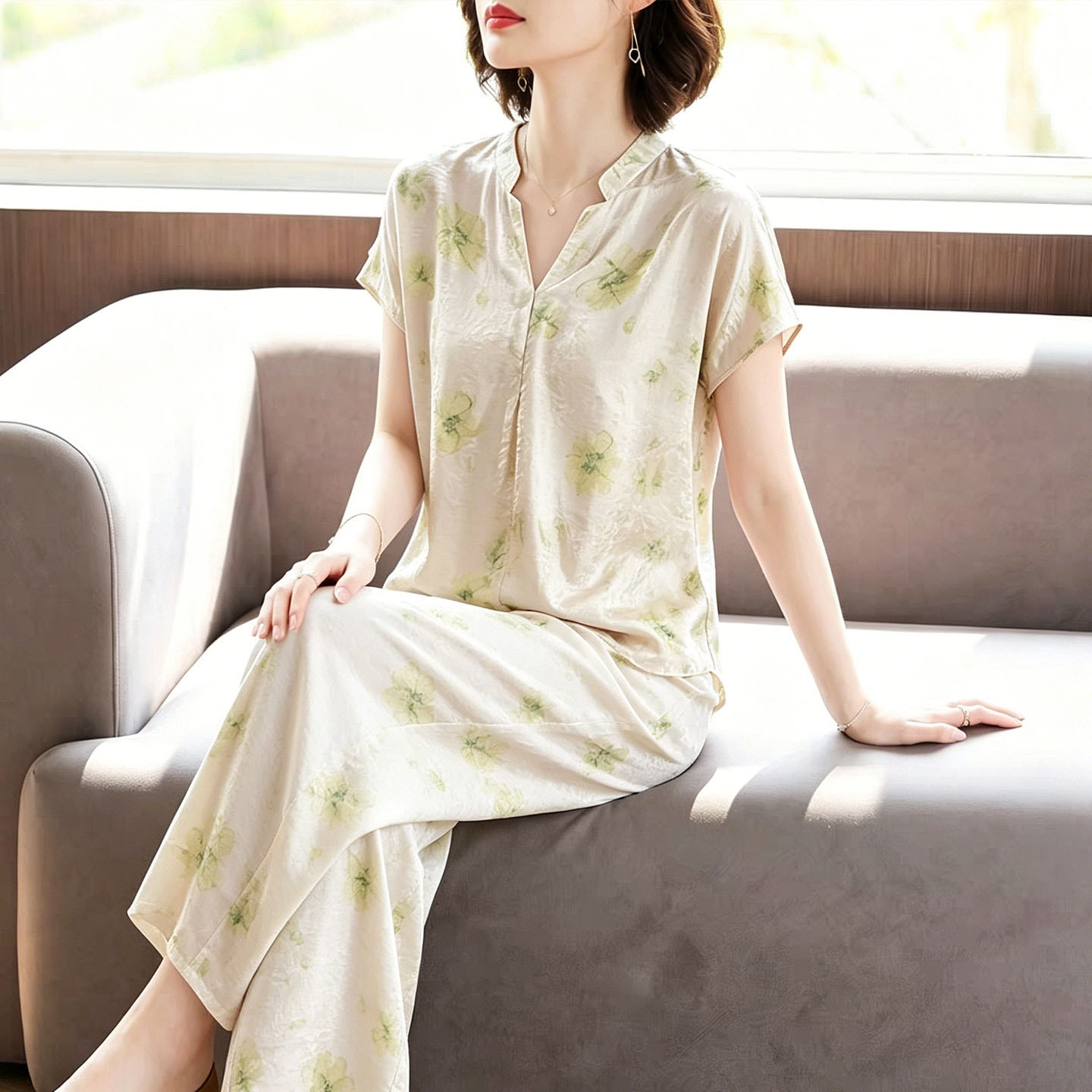 夏装贵夫人夏款印花上衣两件套