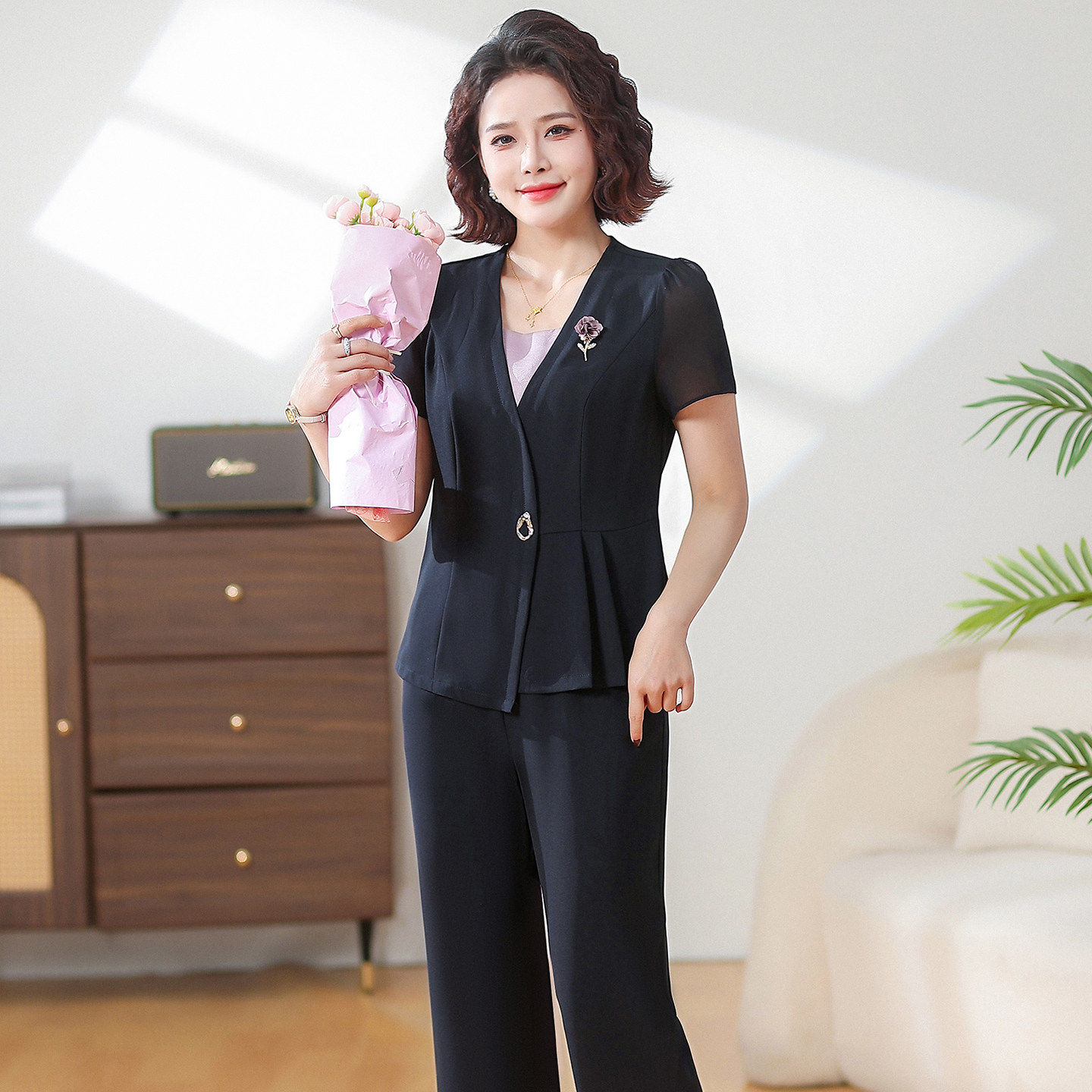 气质妈妈夏装新中式西装套装